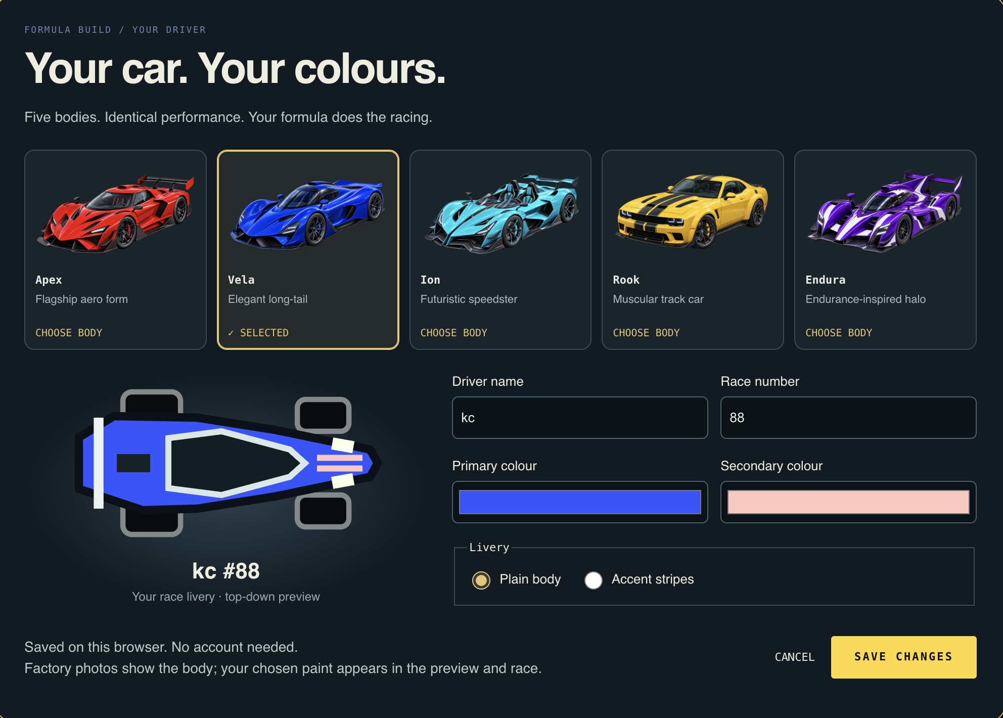 Driver customization with Apex, Vela, Ion, Rook and Endura car bodies, a blue car preview, name, race number, colours and livery controls.