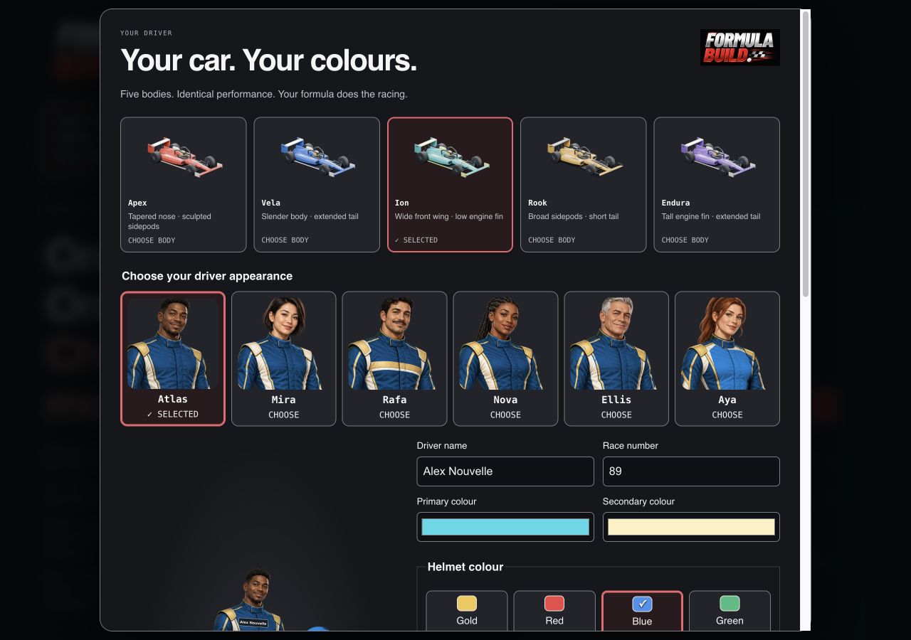 Current driver selection with six characters and the five Blender open-wheel bodies Apex, Vela, Ion, Rook and Endura.