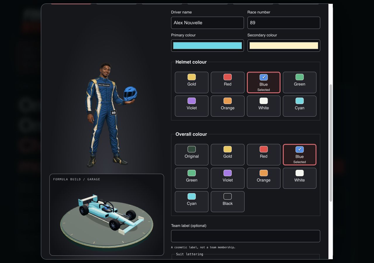 Personalised racing kit beside the current rotatable open-wheel car garage.