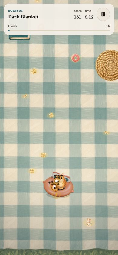 Actual GULP gameplay on the green Park Blanket, with picnic clutter and a cat.