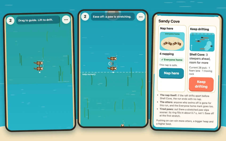 Three phone screens. First: two sleeping otters in the kelp with the line 'Drag to guide. Lift to drift.' Second: the line 'Ease off: a paw is stretching.' and a ring with an exclamation mark between two otters. Third: the Sandy Cove panel with 'Nap here', four napping and Everyone home, beside 'Keep drifting' toward Shell Cove, and the stakes written below.