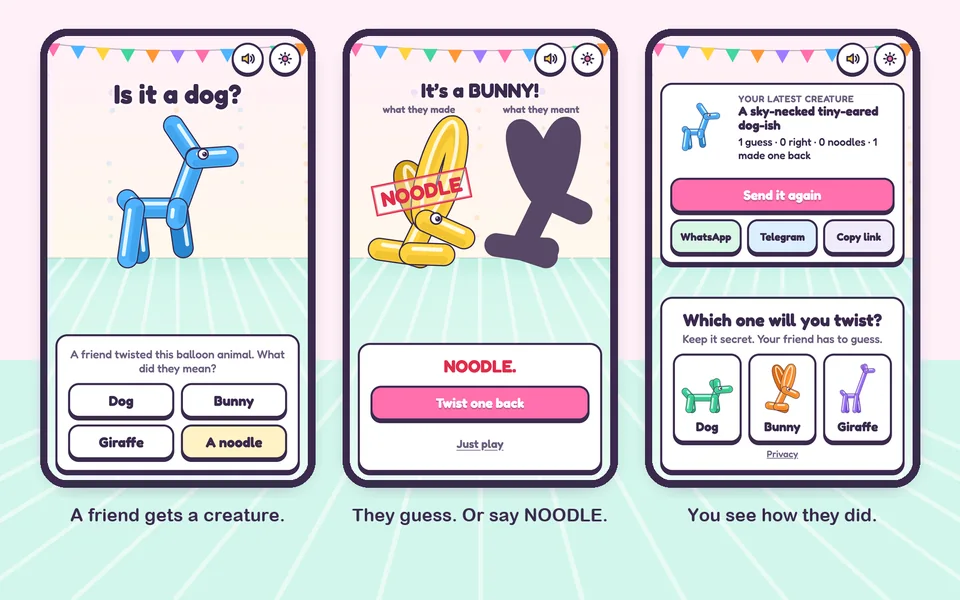 Three phone screens: 'Is it a dog?' with Dog, Bunny, Giraffe and A noodle buttons; 'It's a BUNNY!' with the creature stamped NOODLE beside the real bunny silhouette; and the maker's latest creature, a sky-necked tiny-eared dog-ish, with one guess and one friend who made one back.