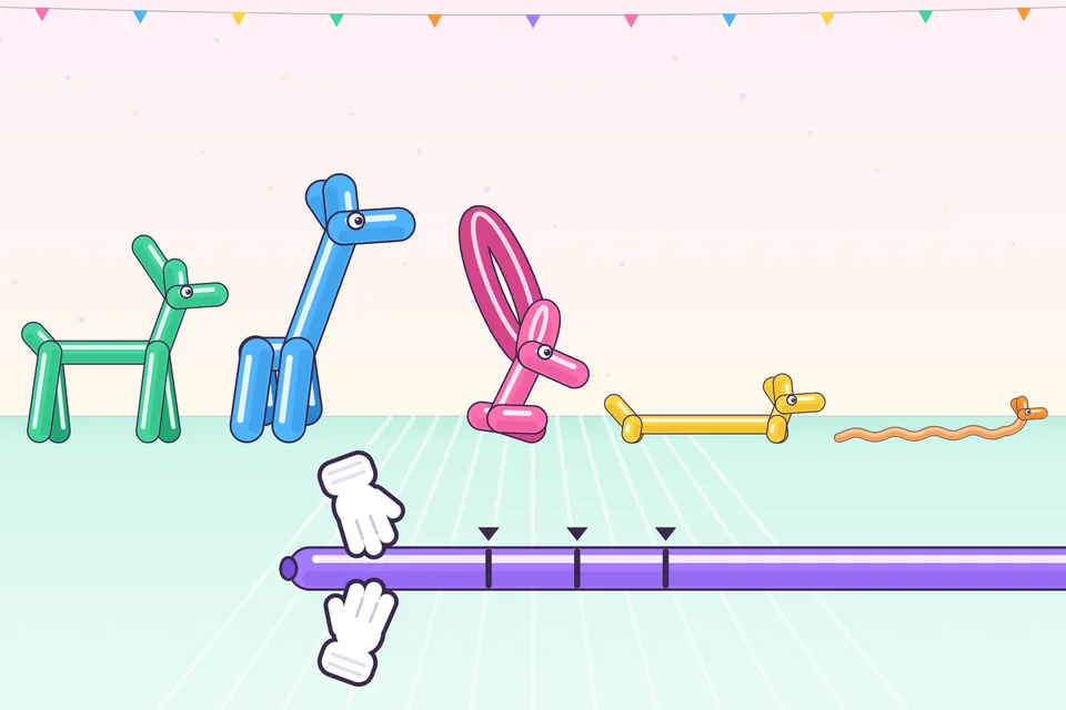 Wonky balloon animals on a pastel party table, and two white cartoon gloves twisting a purple balloon.