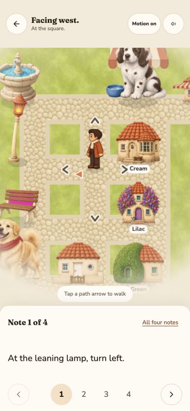 Actual phone layout showing the visitor in the town, path arrows and the first direction: at the leaning lamp, turn left.
