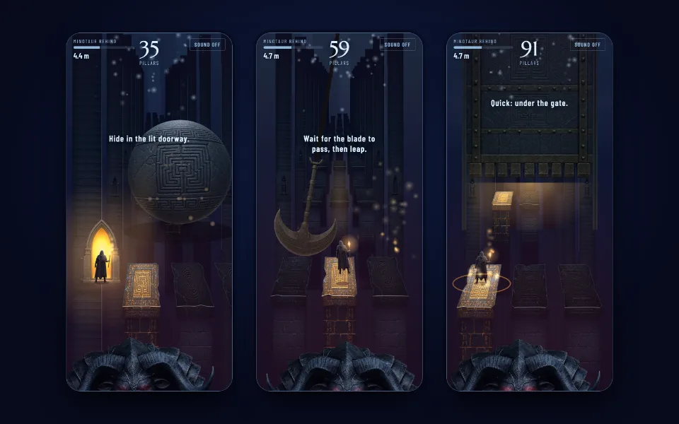 Three phone screens from a run: at pillar 35 the hooded runner hides in a glowing doorway while a huge stone ball carved with a labyrinth rolls past; at pillar 59 the runner waits while a great curved blade swings over the lit pillar ahead; at pillar 91 a studded iron gate is coming down over the path as the runner gets ready to race under it.
