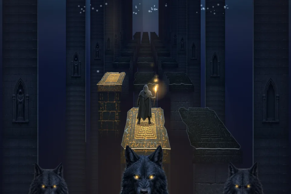 The runner with a torch on a glowing pillar in the stone shaft, the next pillar lit ahead, and three black wolves with yellow eyes rising from the dark below.