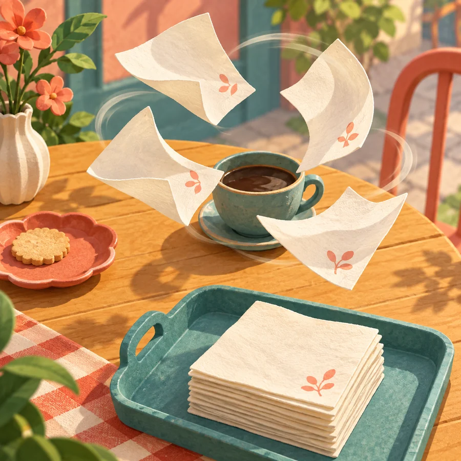 Four cream napkins swirl around a teal coffee cup, with a rescued stack in the tray below.