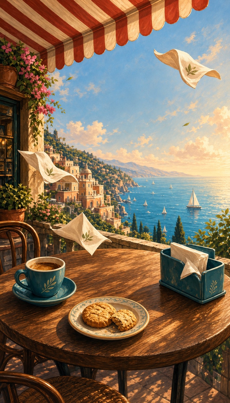 The existing painted seaside café with teal coffee and napkin tray as the breeze carries cream napkins over the water