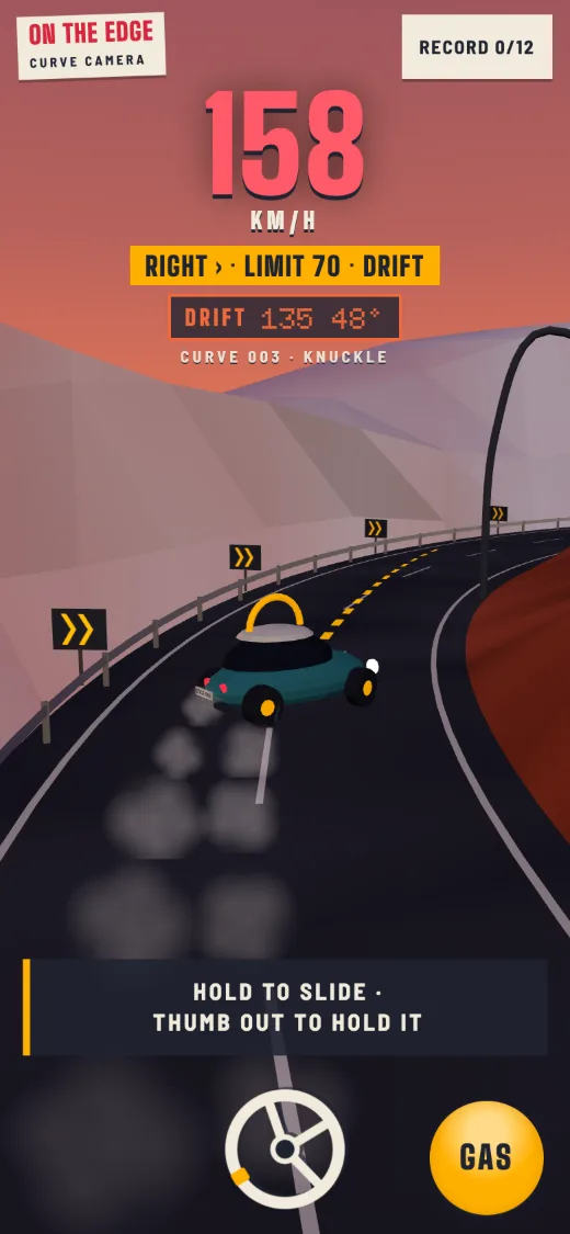 Drift: the teal car sideways through the right-hand curve at 158 km/h, tyre smoke behind it, the live readout DRIFT 135 48°, the wheel turned, and the line HOLD TO SLIDE · THUMB OUT TO HOLD IT.