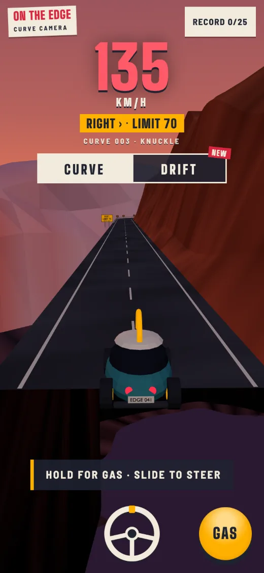 The first screen: the canyon road at dusk, the teal car with its yellow roof hoop, the day's limit, the CURVE and DRIFT tabs, HOLD FOR GAS · SLIDE TO STEER, a steering wheel and a round GAS button.