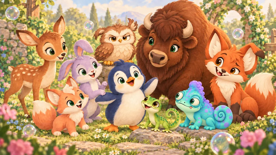 Project POP's nine animal characters gathered in a flower-filled garden.