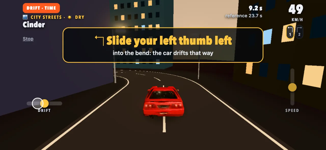 The drift in landscape at golden hour: a red Cinder at the first bend, the card Slide your left thumb left, into the bend: the car drifts that way, and a ghost thumb on the DRIFT rail.
