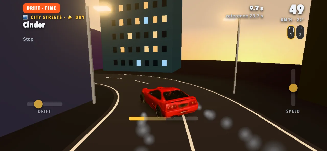 The red Cinder sideways through the city corner at golden hour, tyre smoke behind it, a gold meter filling under the car.