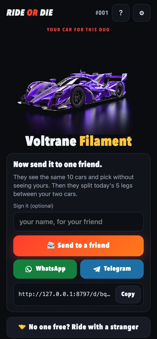 Your car is locked in. Buttons to send it to a friend, on WhatsApp or Telegram, or to copy the link.