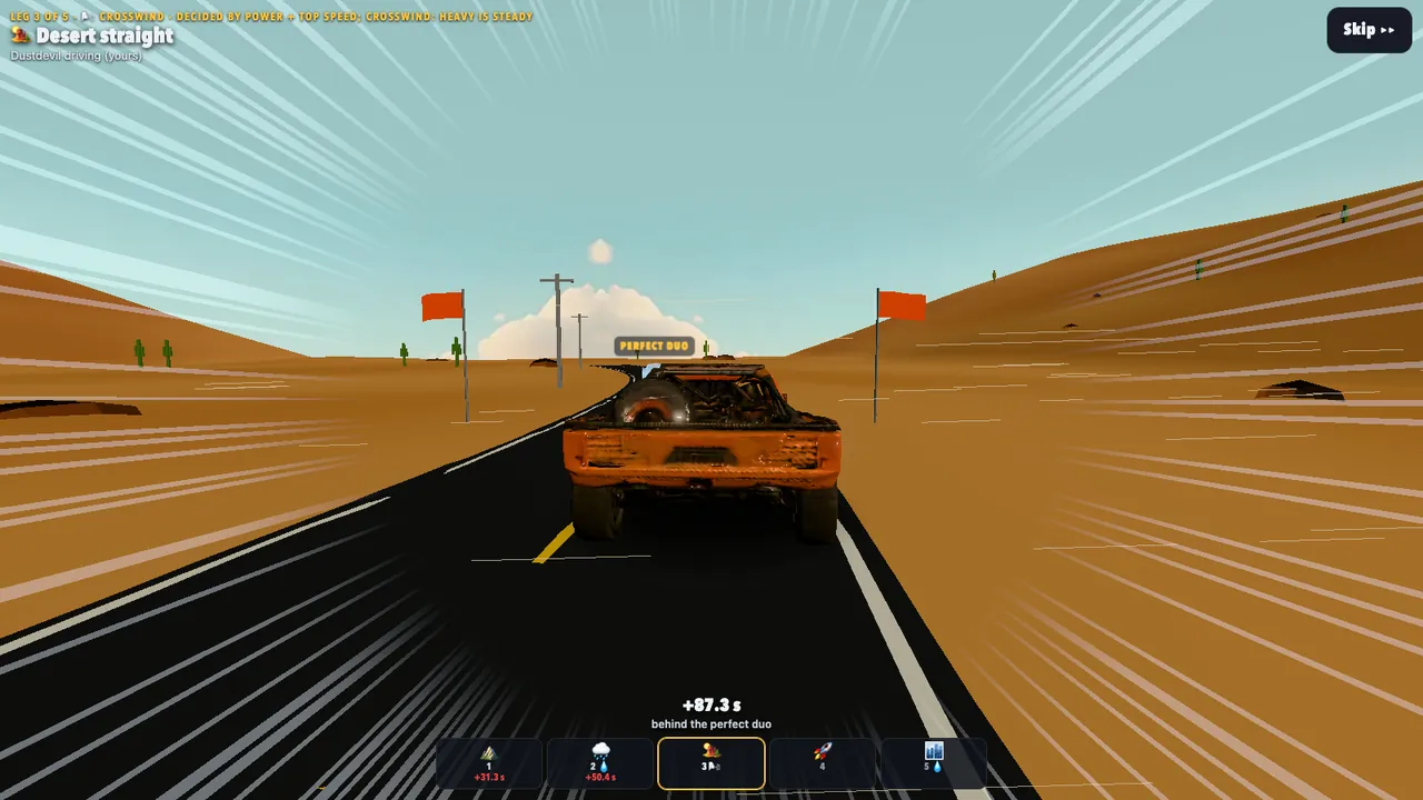 The race in 3D: a super-truck on a desert straight between sand dunes and red flags.