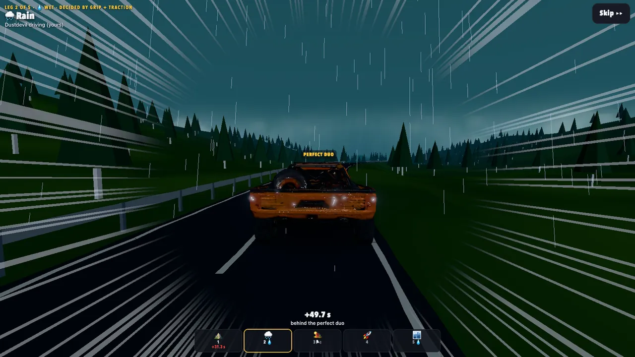 The race in 3D: an orange super-truck on a wet road in the rain, chasing the perfect duo's ghost.