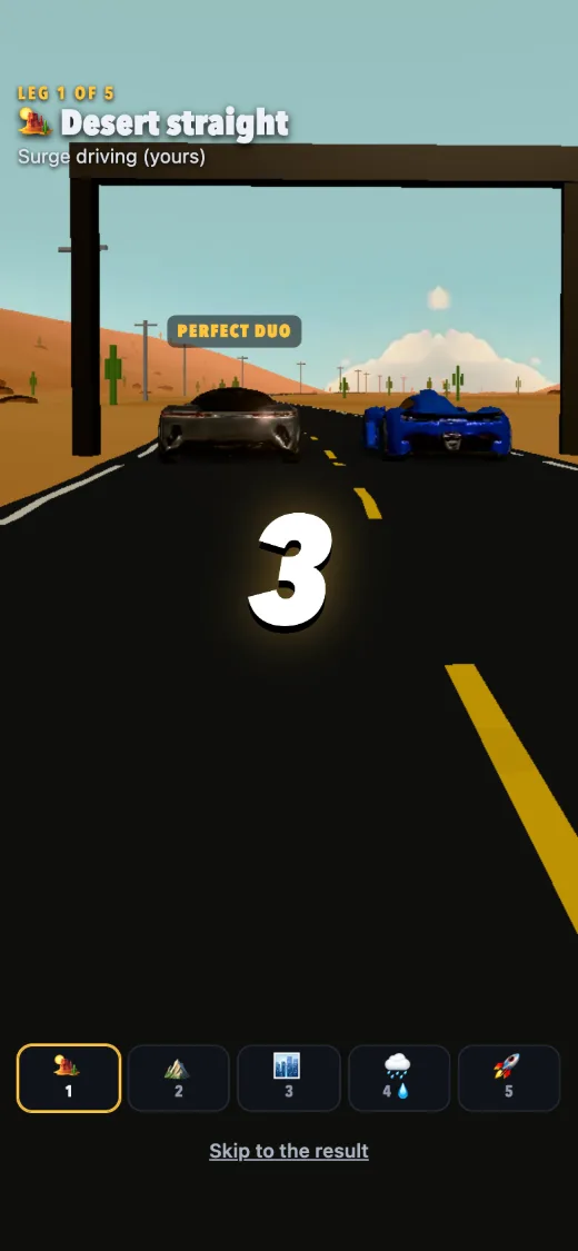 The count: a big 3 over the start line in the desert, both cars side by side on the line.
