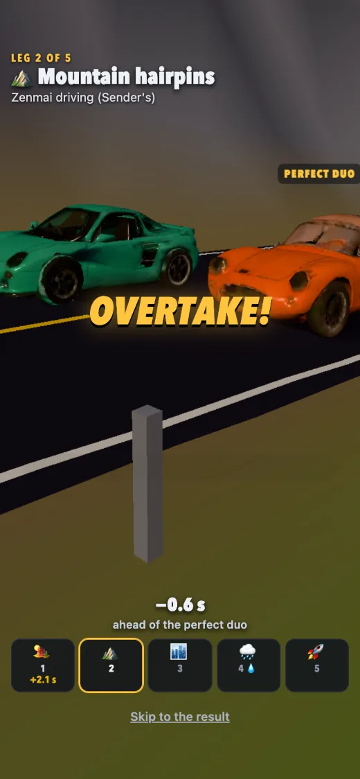 OVERTAKE! on the mountain hairpins: the green hypercar passing the orange car of the perfect duo.