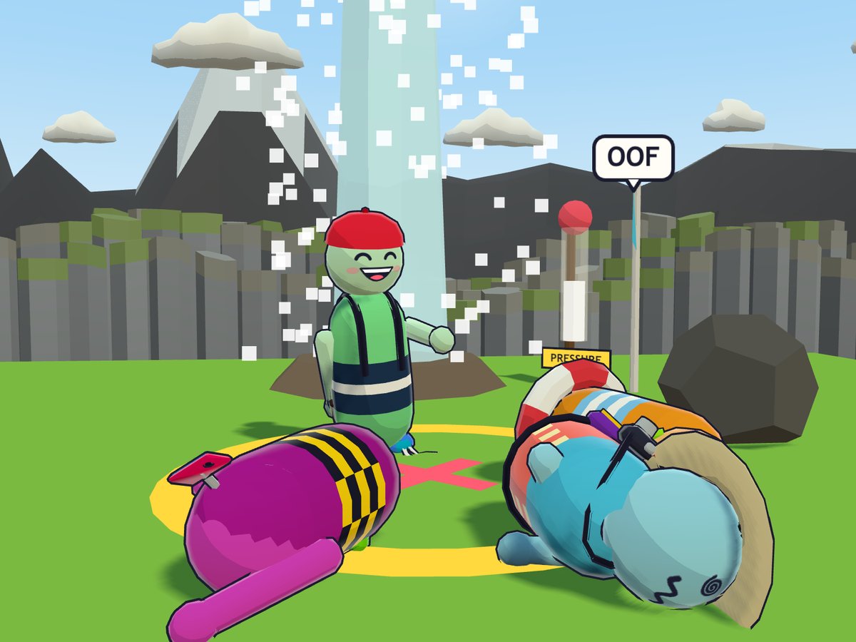 Zippy smiles alone in front of the erupting geyser while Cheeky and the photographer lie face-down on the grass beside the X.