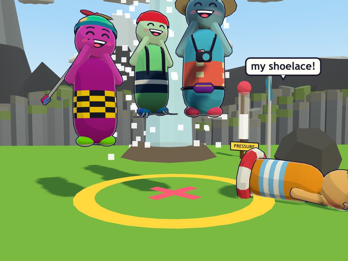 Cheeky, Zippy and the photographer jump in front of the erupting geyser while Wobbly lies face-down on the grass, shouting my shoelace.