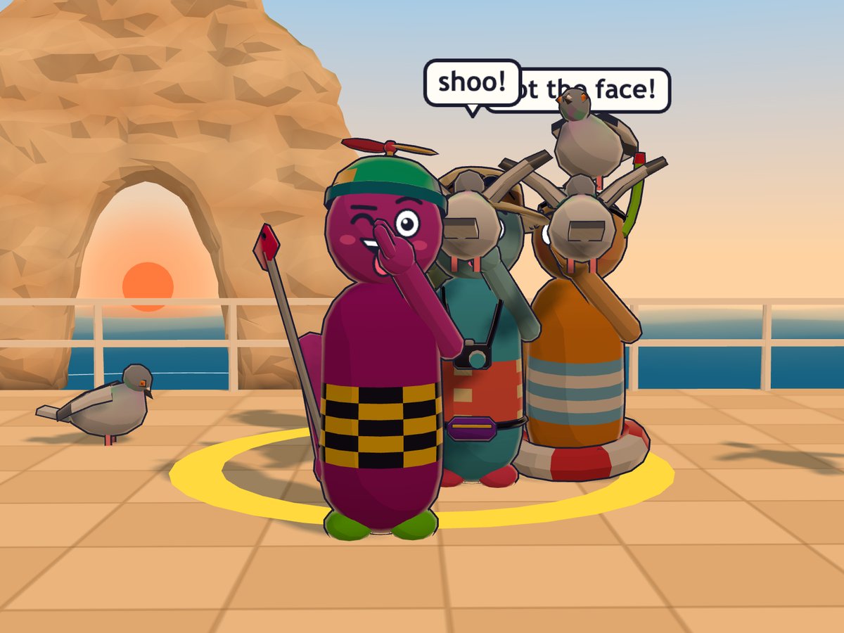 The sunset sits right inside the Pigeon Rocks arch while Cheeky winks and picks their nose in front of the camera, pigeons flapping in two faces behind.