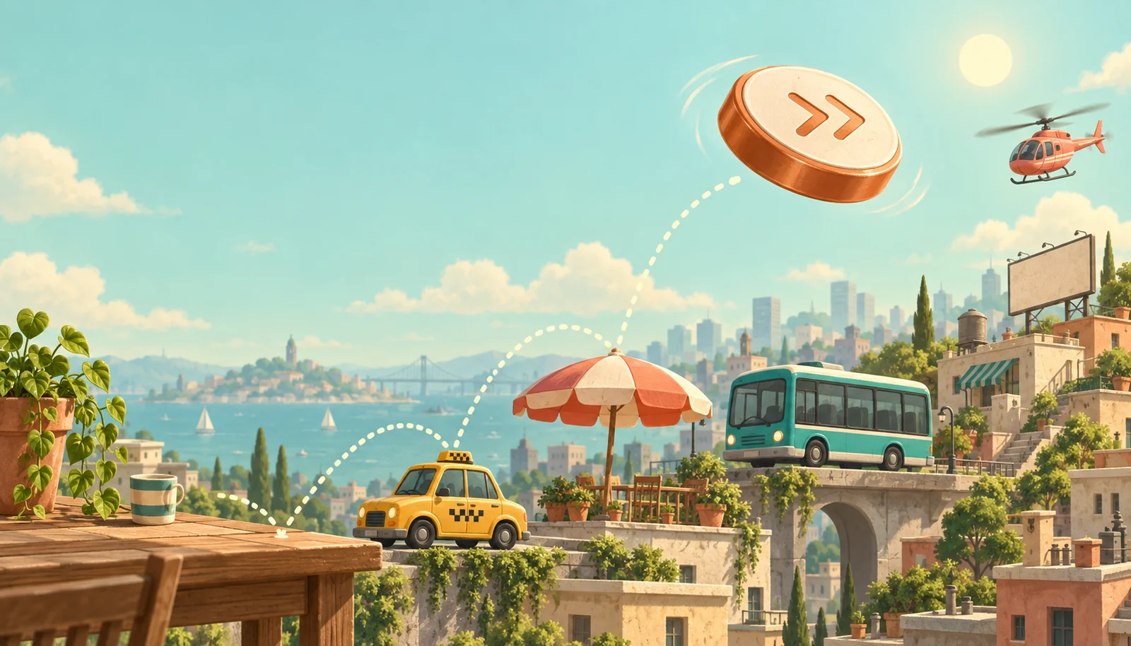 A copper puck soars above a sunlit city, its bounce trail hopping from a backyard table to a taxi, parasol and rooftops, with a helicopter waiting in the sky.