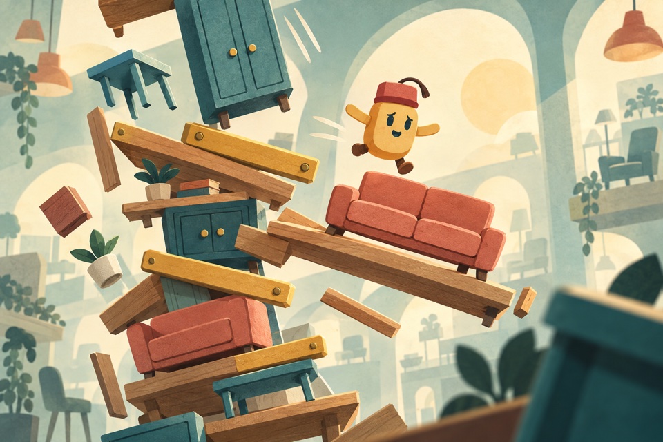 Pip, a smiling yellow toy in a red cap, jumps toward a coral sofa while teal cabinets and wooden beams tumble around him.