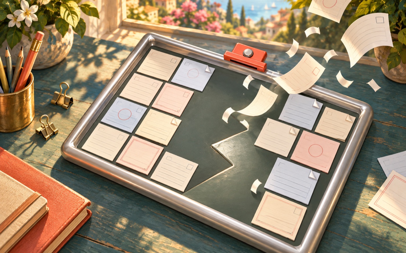 Paper forms lift from a cleared zigzag route inside a silver tray with a coral-red clasp on a sunlit teal desk