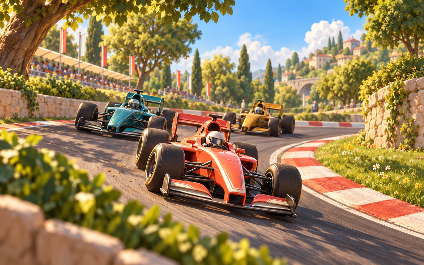 Illustrated open-wheel racers rounding a sunlit parkland bend