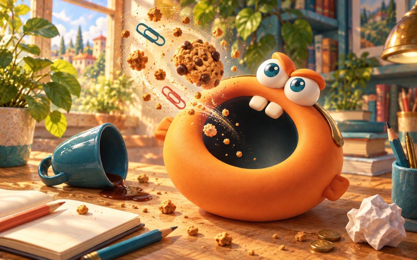 The orange GULP monster inhales a cookie, crumbs and paperclips above a sunlit teal-and-coral desk