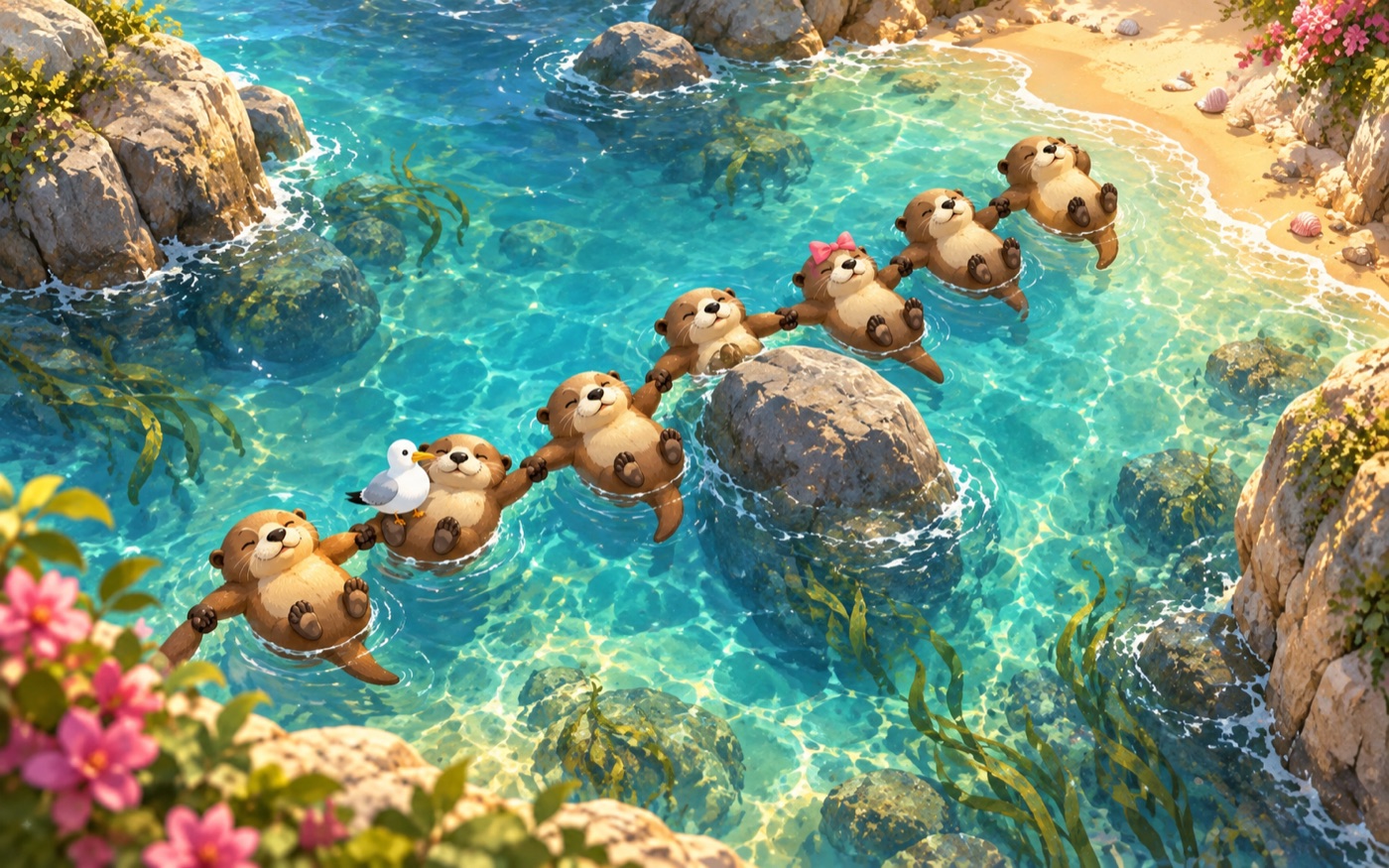 Seven smiling brown sea otters holding paws around a rock in turquoise water, one with a pink bow and another carrying a seagull