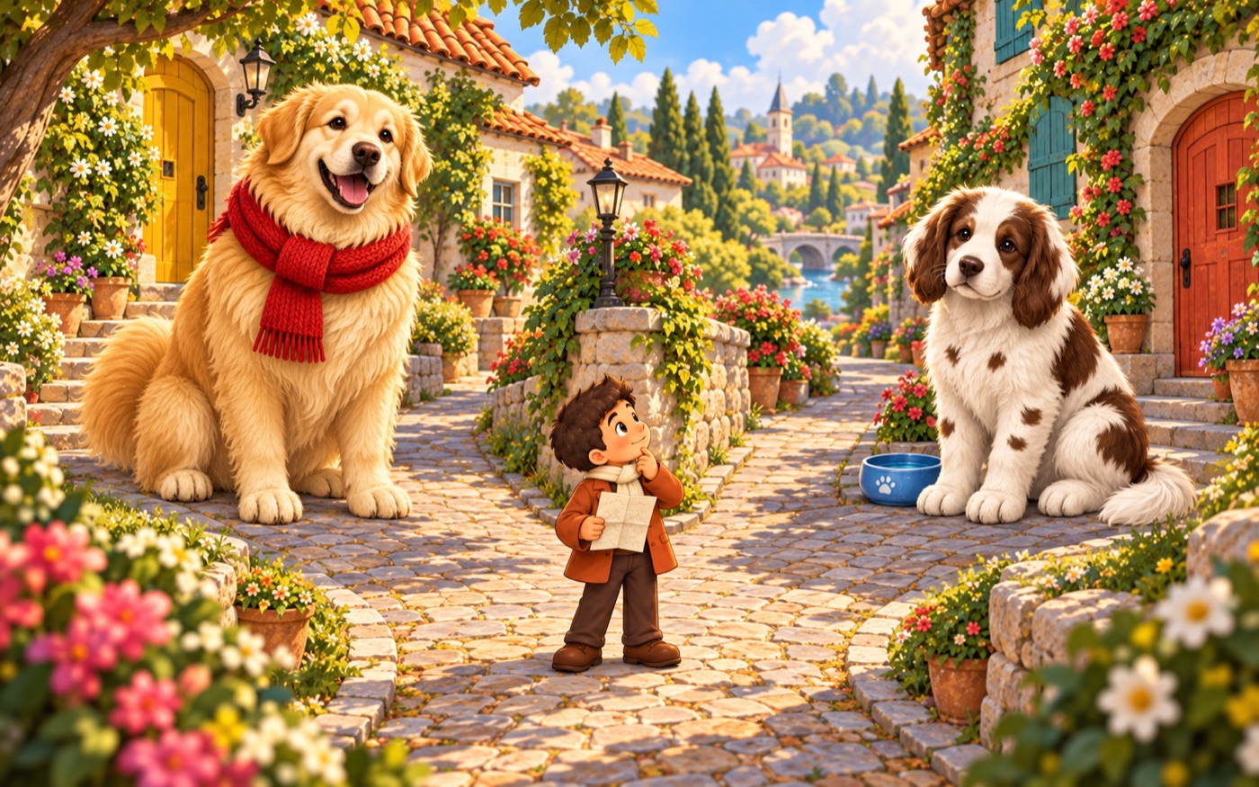 A tiny visitor with directions stands between two giant friendly dogs, one golden in a red scarf and one brown-and-white beside a blue bowl