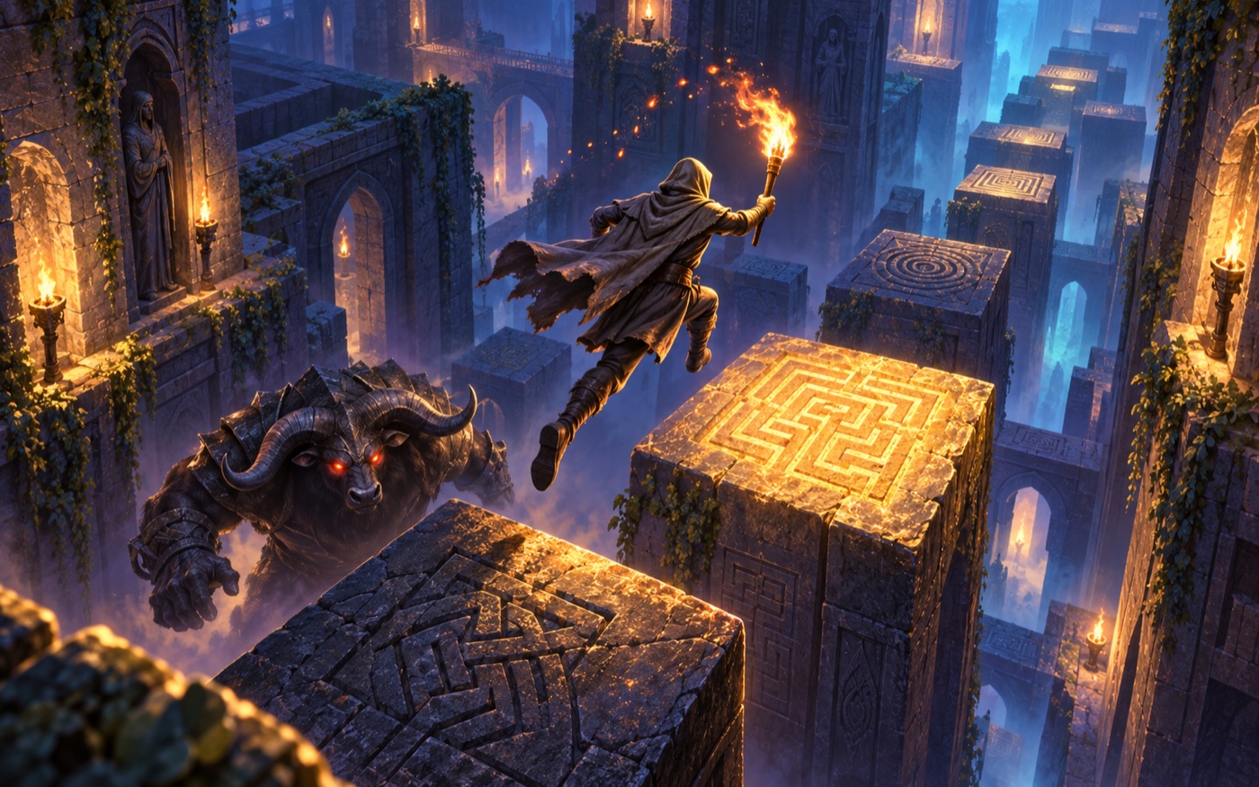 A hooded runner with a torch leaps onto a glowing maze-carved stone pillar while a horned Minotaur pursues from below