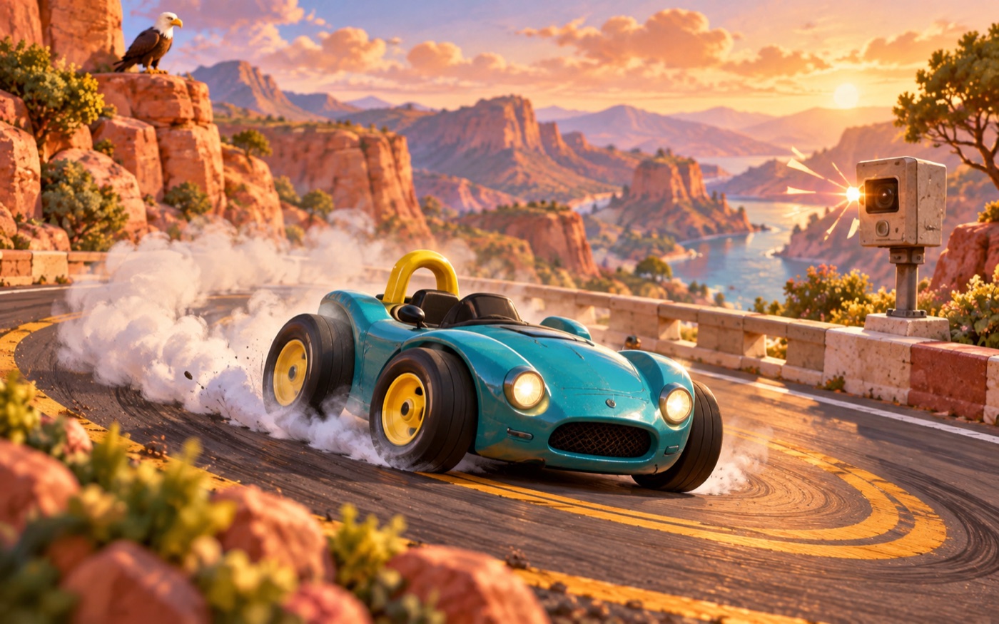 Small teal roadster with a yellow roll hoop drifting around a sunset canyon bend as a speed camera flashes