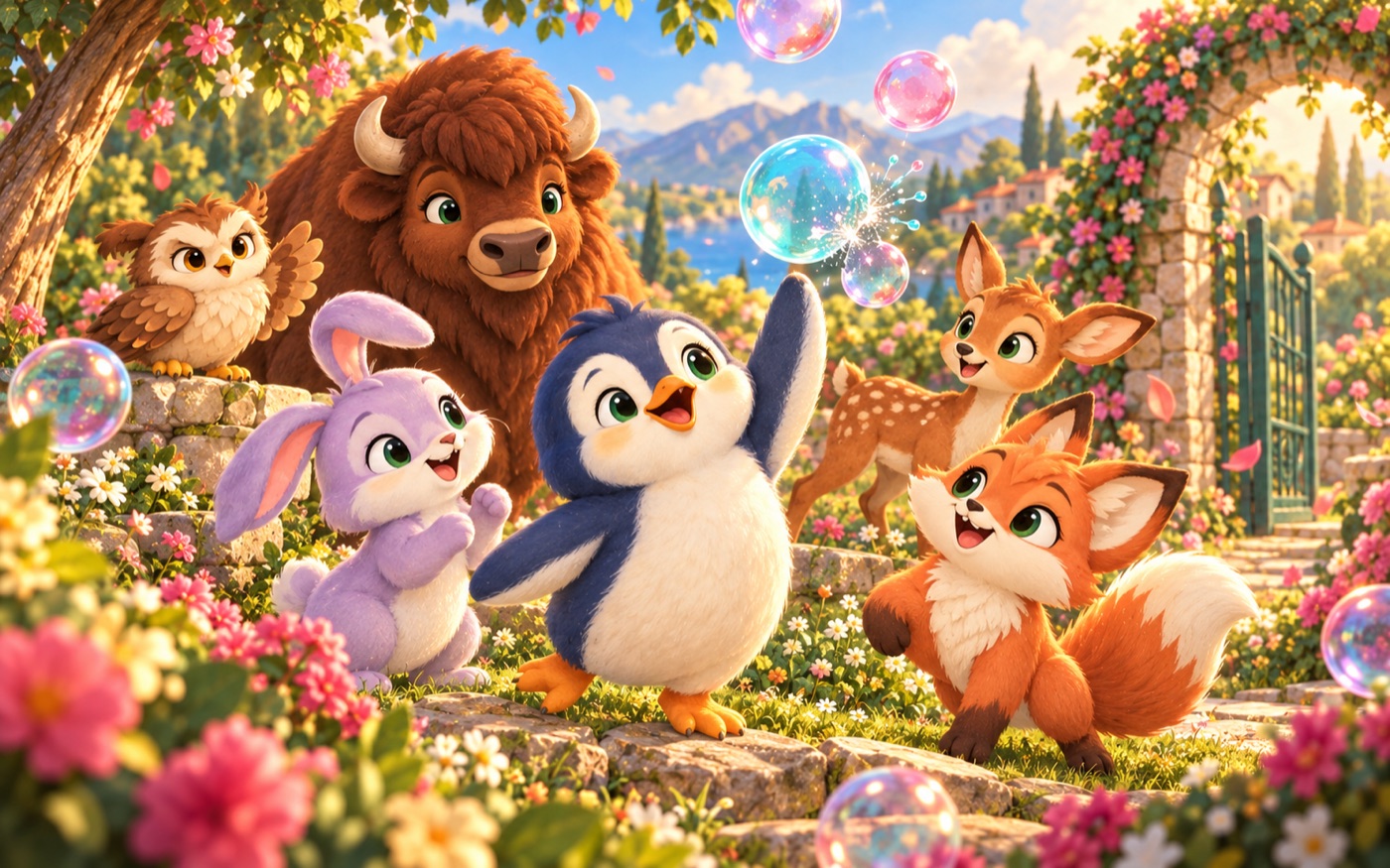 Penguin, bunny, fox and their animal friends playing with colourful bubbles in a sunlit garden