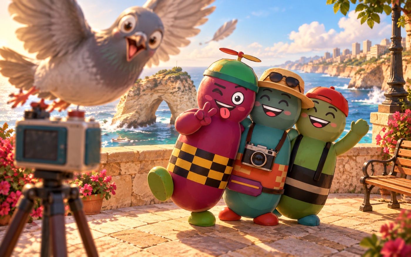 Illustrated Cheeky and friends posing on the Beirut waterfront as a pigeon photobombs them