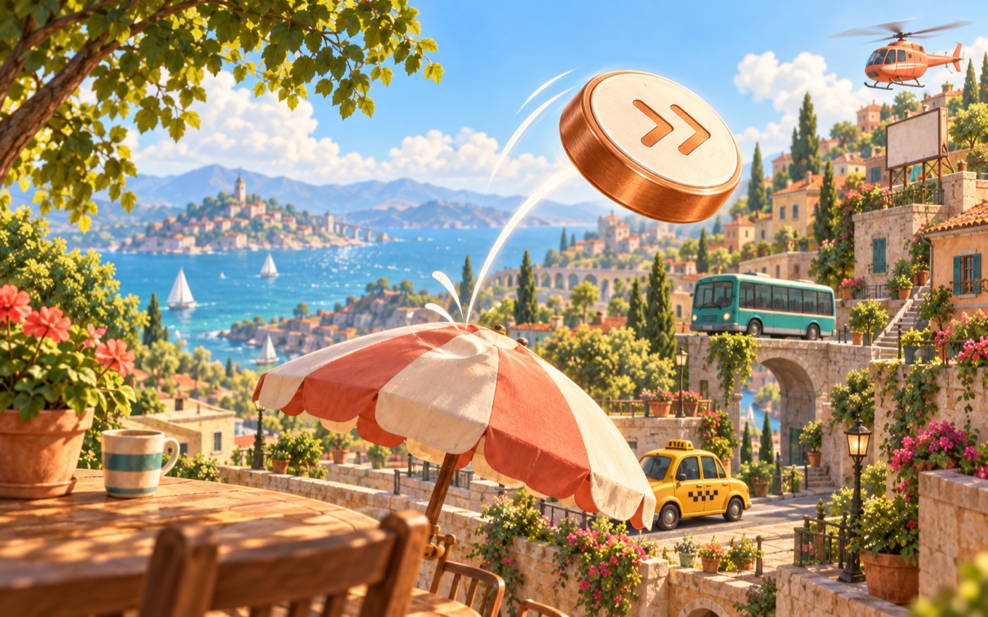 A copper puck bouncing off a coral parasol above a colourful seaside town, with a taxi, bus and distant helicopter