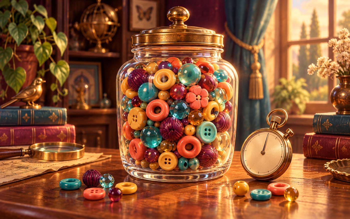 Illustrated glass jar of colourful objects beside a brass stopwatch in a warm study