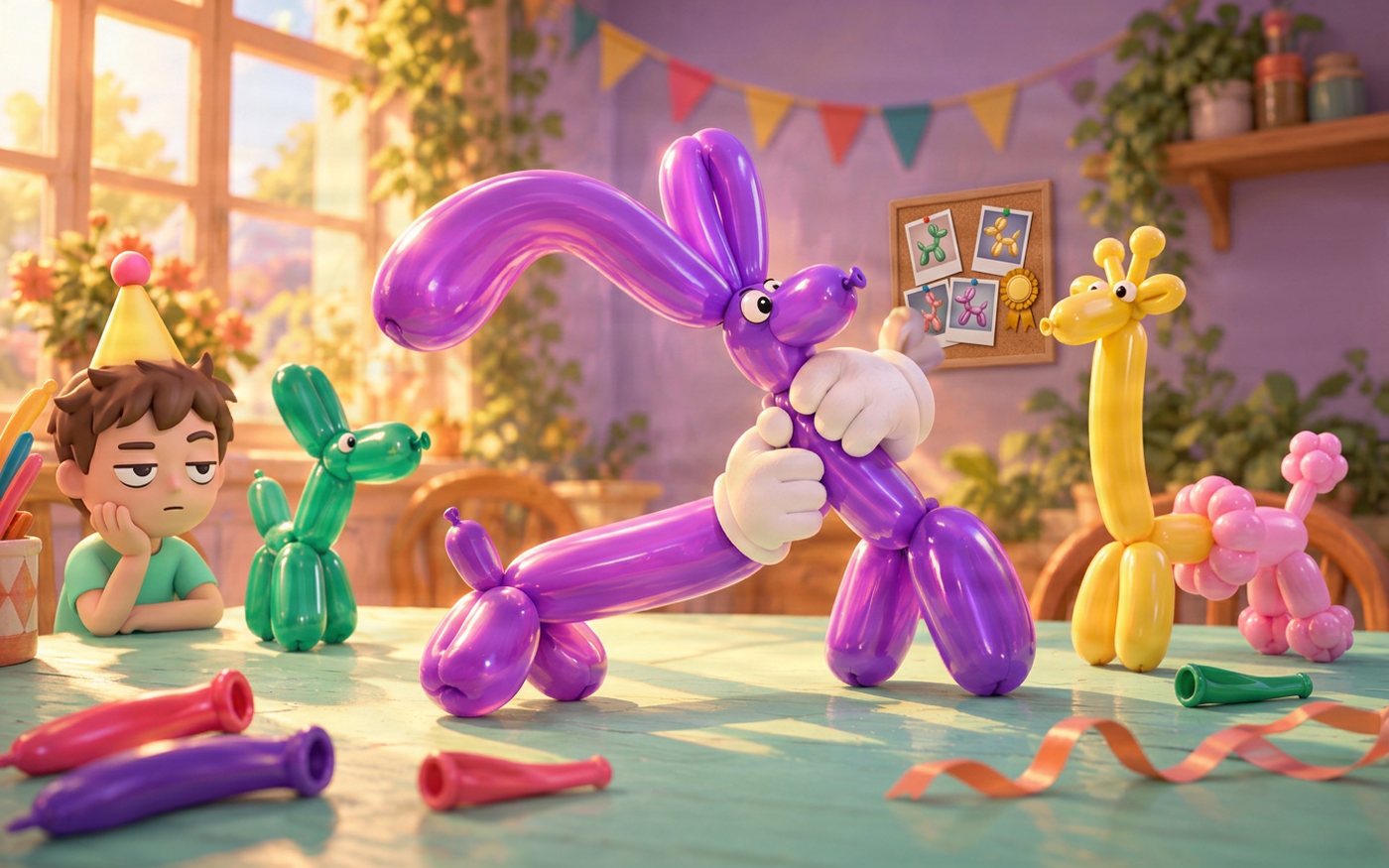 Two white cartoon gloves twisting a wonky purple balloon dog while a deadpan child in a party hat watches, beside a green balloon dog and a balloon monster that is half giraffe, half poodle; a pinboard of balloon photos with a winner’s rosette hangs on the wall