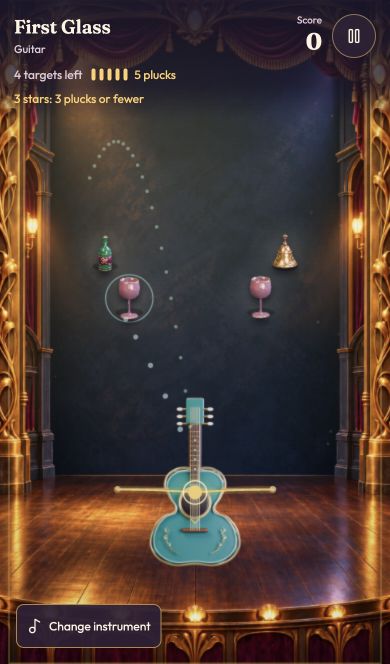 Actual First Glass gameplay with four targets, five plucks and the teal Guitar raised above the bottom edge of the gold-and-plum theatre.