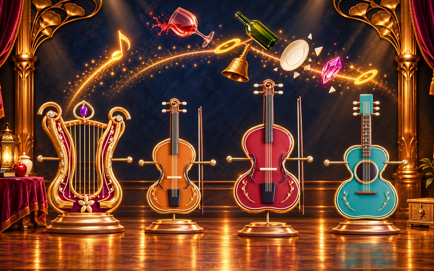 A golden Harp, amber Violin, wine-red Cello and teal Guitar together on TWANG’s luminous gold-and-plum theatre stage